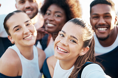 Buy stock photo Team, sport and selfie with diversity, happy and smile from workout outdoor for training. Teamwork, wellness and healthy friends portrait with young people and fitness community together in a park