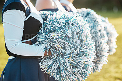 Cheerleader team, sports and hands with pompom for dance, performance and motivation for game. Teamwork, dancer and people in costume cheering for support in match, competition and event outdoors
