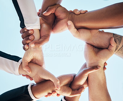 Buy stock photo Hands, link or chain with people on team, collaboration and solidarity with support and connection low angle. Community, synergy and huddle with mission in group, meeting and communication of goals