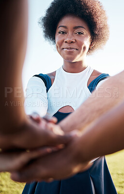 Buy stock photo Cheerleader team, hands together and portrait of happy woman in sports competition support, dance cooperation or routine. Cheerleading, group solidarity and dancer teamwork, unity or commitment trust
