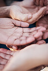 Hands open together, solidarity and community of charity, support or kindness with gratitude. Group of people with palm up, trust and care in helping hand, volunteering and hope for global diversity.