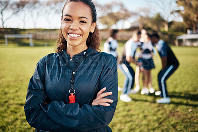 Coach, cheerleader and portrait of woman with team for sports training, exercise and workout. Fitness, teamwork and trainer with people for planning game performance, dance routine and competition