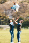 Cheerleader team, group toss and people doing sports competition routine, dance or throw person in air. Cheerleading training, action motion blur and dancer performance, teamwork practice or exercise