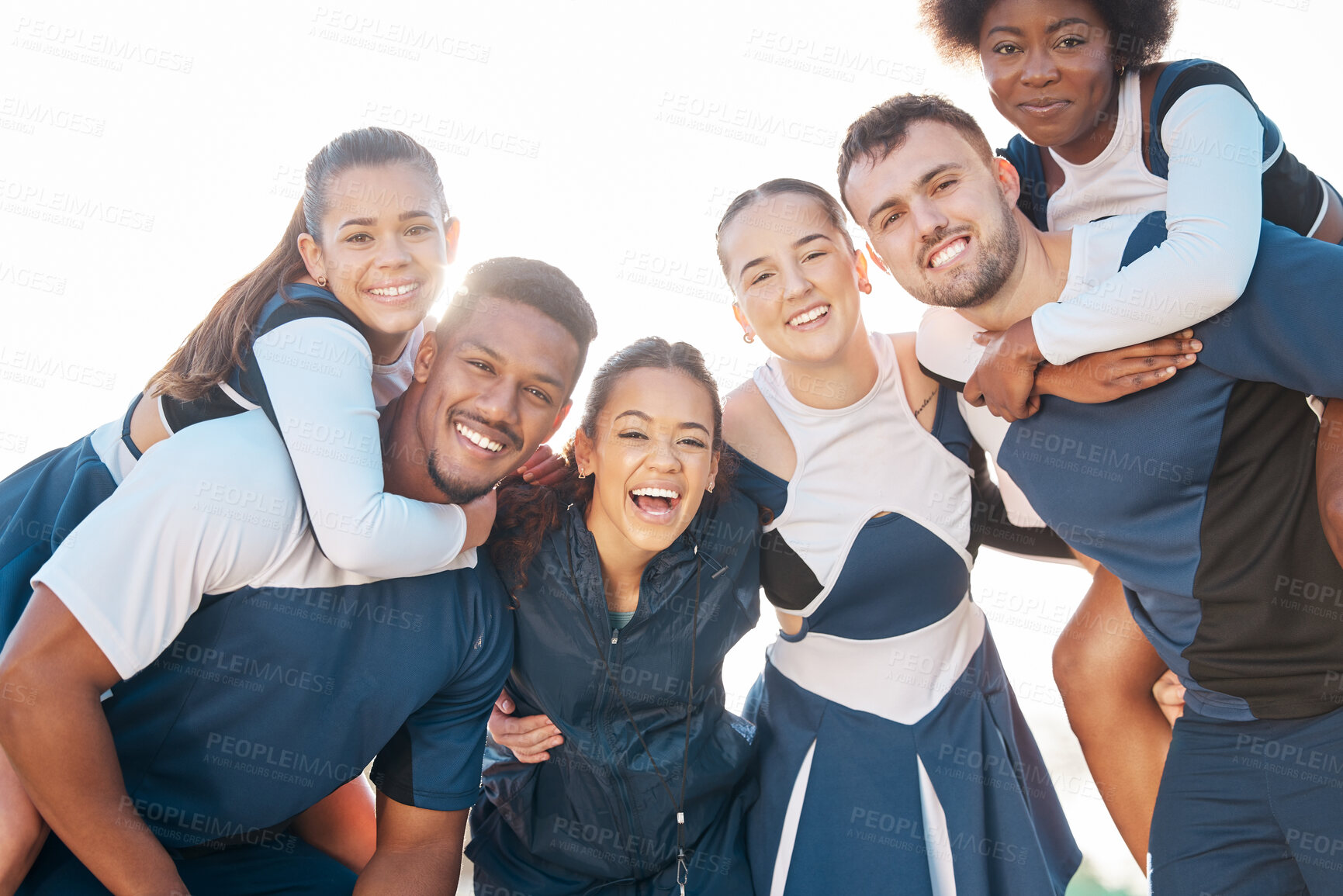 Buy stock photo Cheerleader team, sports and portrait of people for performance, dance and motivation for game. Teamwork, dancer and excited group cheer for support in match, competition and sport event outdoors