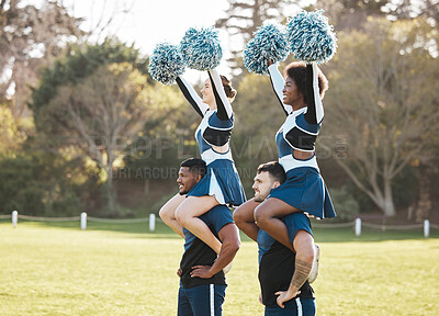Buy stock photo Cheerleader, sports and men carry women on field for performance, dance and motivation for game. Teamwork, dancer and people balance and cheer for support in match, competition and event outdoors
