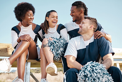 Buy stock photo Cheerleader, sports and people laugh on bench for performance, dance and motivation for game. Teamwork, dancer and people laugh in costume for support in match, competition and field event outdoors