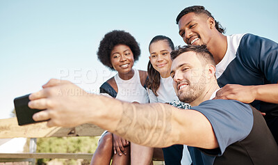 Buy stock photo Cheerleader team, group selfie and happy people at sports competition, training workout or post photo to social media app. Cheerleading, photography and dancer teamwork, practice and picture together