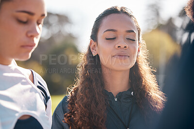 Buy stock photo Cheerleader woman, team face and praying group, relax community and gratitude for sports competition teamwork. Cheerleading faith, eyes closed and solidarity, contest hope and pray for wellness