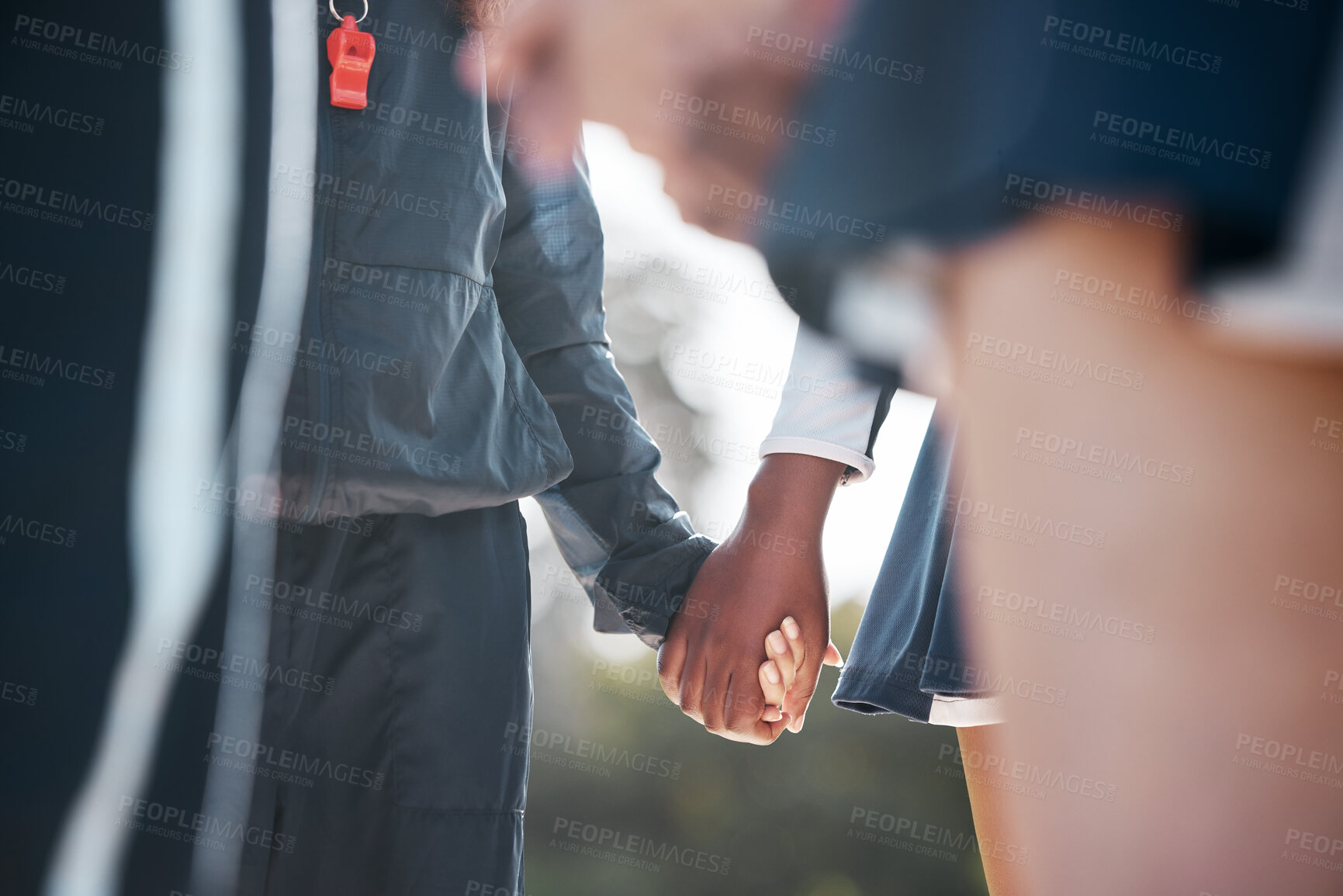 Buy stock photo Sports team, people holding hands and group prayer circle, community and hope for cheerleader competition support. Cheerleading, closeup worship and dancer solidarity, start contest and praying