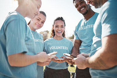 Buy stock photo Volunteer team, phone and portrait of people in park for social media, online chat or charity website update. Community service, teamwork and happy group on smartphone for cleaning or recycle outdoor