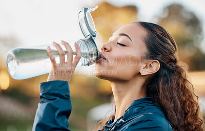 Buy stock photo Outdoor, fitness and woman drinking water, health and workout with hydration, wellness and sports. Person outdoor, girl and athlete with liquid, bottle and thirsty with nutrition, detox and exercise