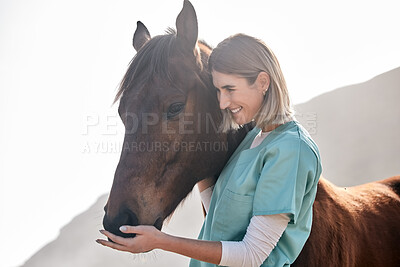 Horse doctor, care and smile outdoor at farm for health, care or happy with love for animal in nature. Vet, woman and equestrian healthcare expert in sunshine, countryside and helping for wellness