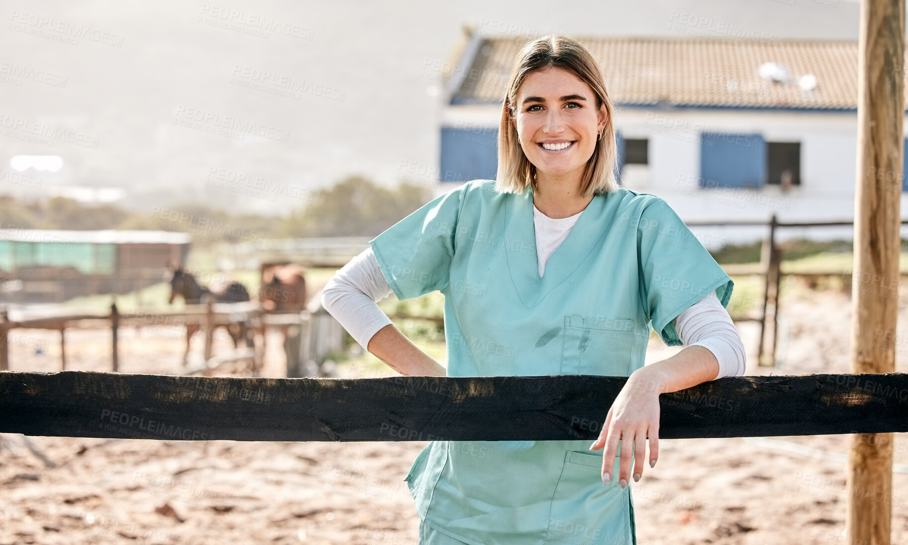 Buy stock photo Horse vet, portrait and smile outdoor at farm for health, care or happy with love for animal in nature. Doctor, woman and equestrian healthcare expert in sunshine, countryside or helping for wellness