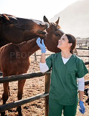 Vet, ranch and doctor with care for horse for medical examination, research and health check. Healthcare, animal care and happy woman nurse on farm for inspection, wellness and veterinary treatment