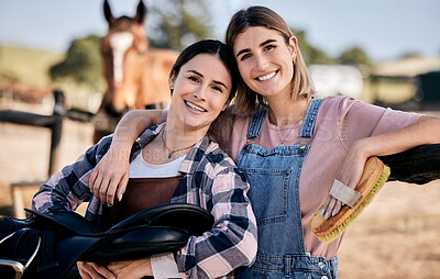 Buy stock photo Horse, friends and portrait of women with saddle and brush for animal care, farm pet on ranch. Farming, countryside and happy people hug with stallion for bonding, relax and adventure outdoors