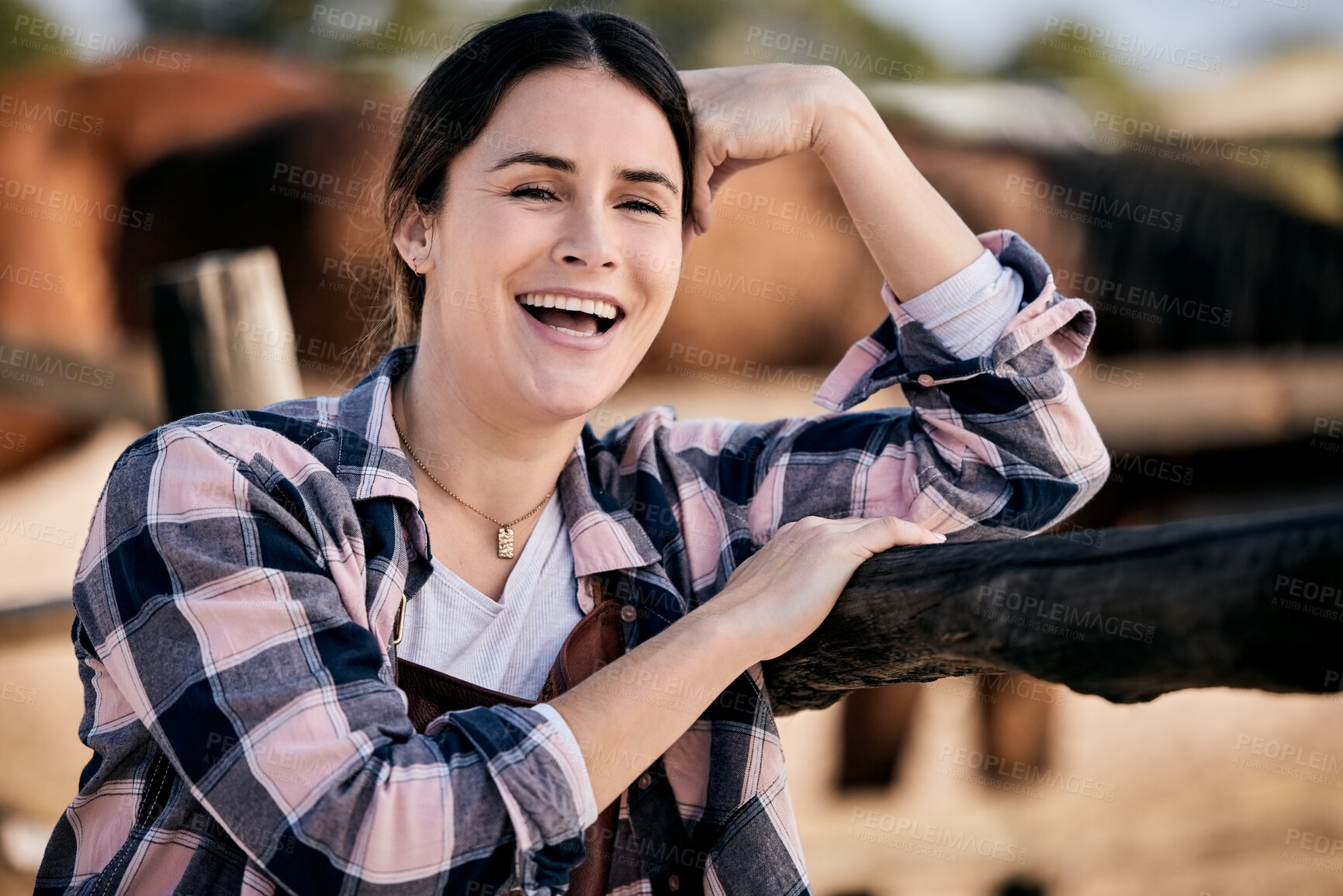 Buy stock photo Smile, equestrian and horse riding with a woman jockey on a farm or ranch for training and practice. Cowboy, western and a happy young rider outdoor in the countryside for recreation or leisure hobby