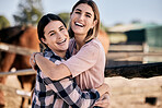 Horse, hug and portrait of women with saddle for animal care, farm pet and embrace on ranch. Farming, countryside and happy people with stallion livestock for bonding, relax and adventure outdoors