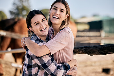 Buy stock photo Horse, hug and portrait of women with saddle for animal care, farm pet and embrace on ranch. Farming, countryside and happy people with stallion livestock for bonding, relax and adventure outdoors