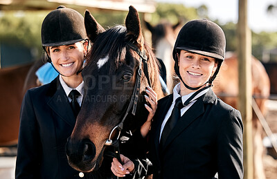 Equestrian women, friends and horse in portrait, smile and outdoor for sports, training and workout for show. Girl team, animal and happy at farm, stable and together for race, competition or games