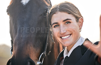 Buy stock photo Selfie, equestrian and a woman with her horse on a ranch for sports, training or a leisure hobby. Portrait, smile or competition and a happy young rider in uniform with her stallion or mare outdoor