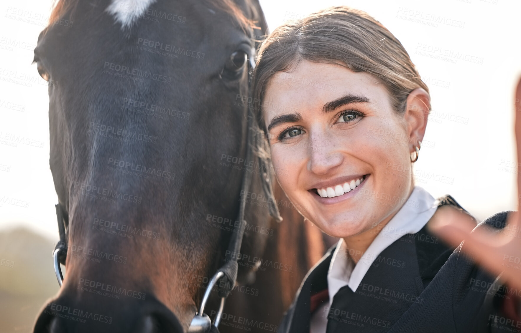 Buy stock photo Selfie, equestrian and a woman with her horse on a ranch for sports, training or a leisure hobby. Portrait, smile or competition and a happy young rider in uniform with her stallion or mare outdoor