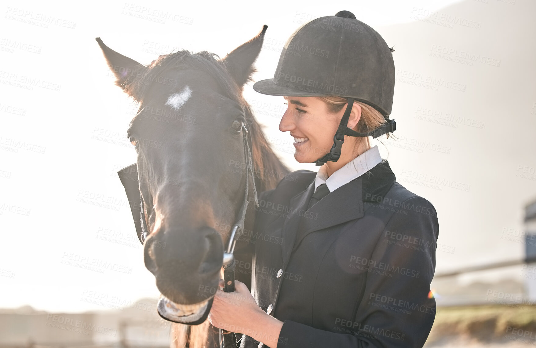 Buy stock photo Equestrian, horse riding and a woman with an animal on a ranch for sports, training or a leisure hobby. Face, smile or competition and a happy young rider in uniform with her stallion or mare outdoor