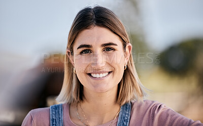 Buy stock photo Happy, portrait and a woman in nature or the city for fun, relax or beautiful on the weekend. Smile, young and face of a girl or person in an outdoor environment, urban morning or teenager style