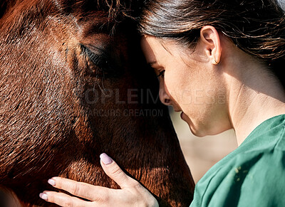 Buy stock photo Pet, doctor and woman with care for horse for medical examination, research and health check. Healthcare, nurse and happy person on farm for inspection, wellness and veterinary treatment on ranch