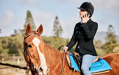 Horse, phone call and woman in the countryside with sport, equestrian and communication. Animal, farm and talking with female athlete and mobile conversation outdoor with pet and discussion in field