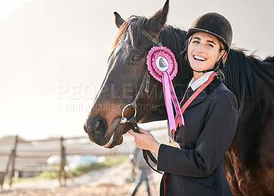 Portrait, horse riding and a woman winner with an animal on a ranch for sports, training or a leisure hobby. Equestrian, award or prize ribbon and a happy young rider in uniform with her mare outdoor