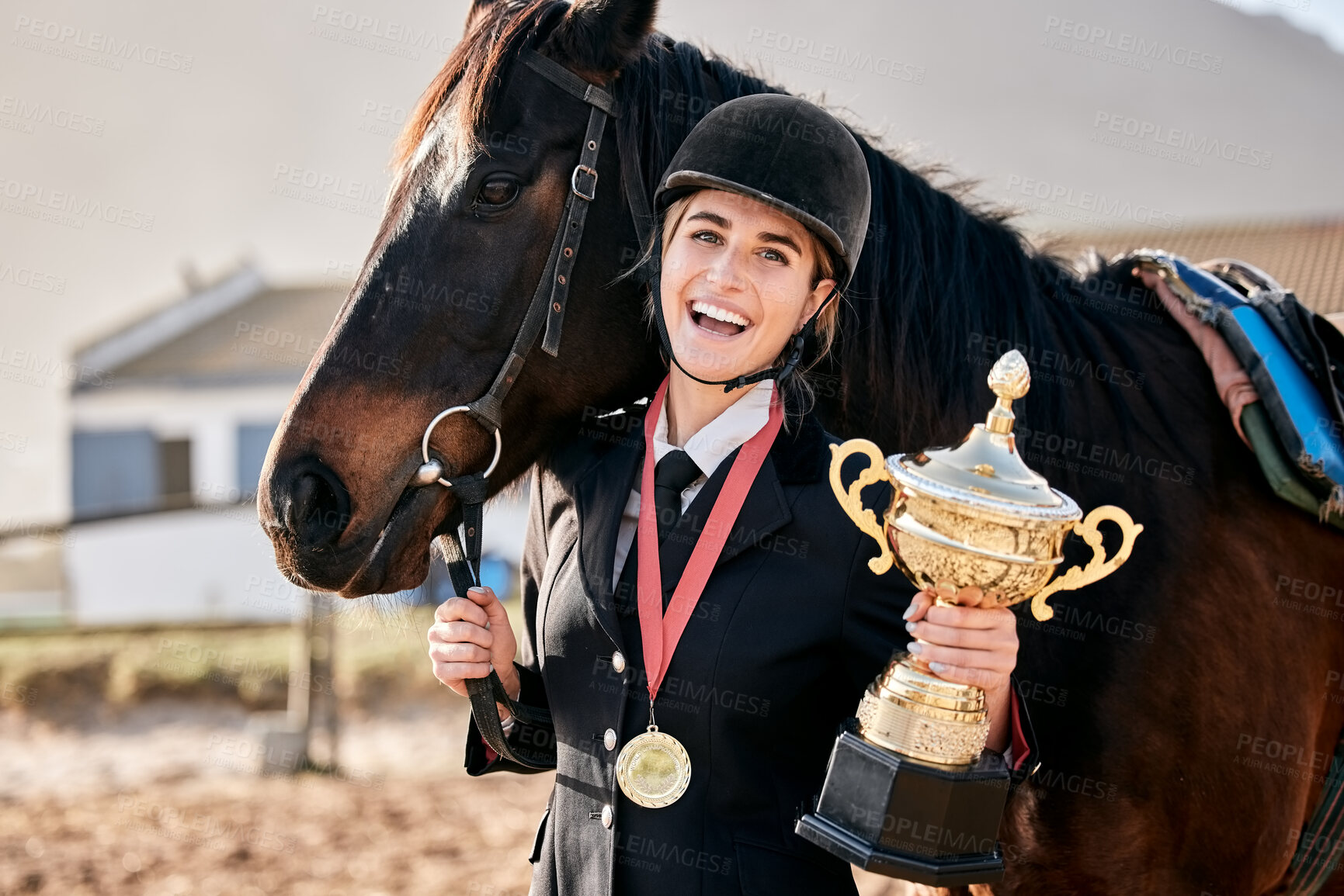 Buy stock photo Portrait, equestrian and prize horse with a woman on a ranch for sports, training or a leisure hobby. Winner, trophy or award and a happy young rider in uniform with her stallion or mare outdoor