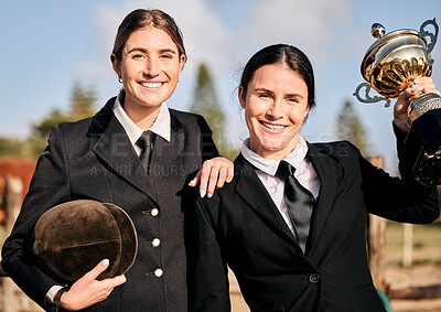 Buy stock photo Portrait, young and equestrian for champion in competition for horse riding with smile at ranch. Caucasian, girls or people with happiness in celebration for success, training and race for sports