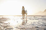 Woman, horse riding and friends on beach with sand for travel, vacation or holiday trip outdoor in nature. Back, people and animal in summer with lens flare by ocean or sea for sunset and travelling