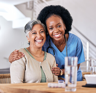 Buy stock photo Portrait, smile and assisted living caregiver with an old woman in the living room of a home together. Healthcare, support or community with a happy nurse or volunteer and senior patient in a house