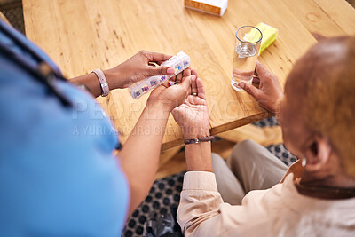 Buy stock photo Nurse, hands and giving old woman pills in home with water for healthcare, wellness and help. Caregiver, medicine and patient with glass to drink medical drugs, supplements and nursing in retirement