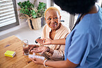 Nurse, smile and giving old woman pills in home with water for healthcare, wellness and support. Caregiver, medicine and African patient with glass to drink medical drugs, supplements and retirement