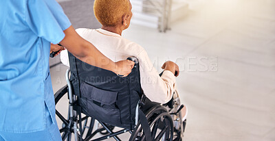 Buy stock photo Nurse, senior woman and back with wheelchair, walk and care for rehabilitation, healthcare and wellness. Caregiver, nursing home and elderly person with disability, recovery or kindness in retirement