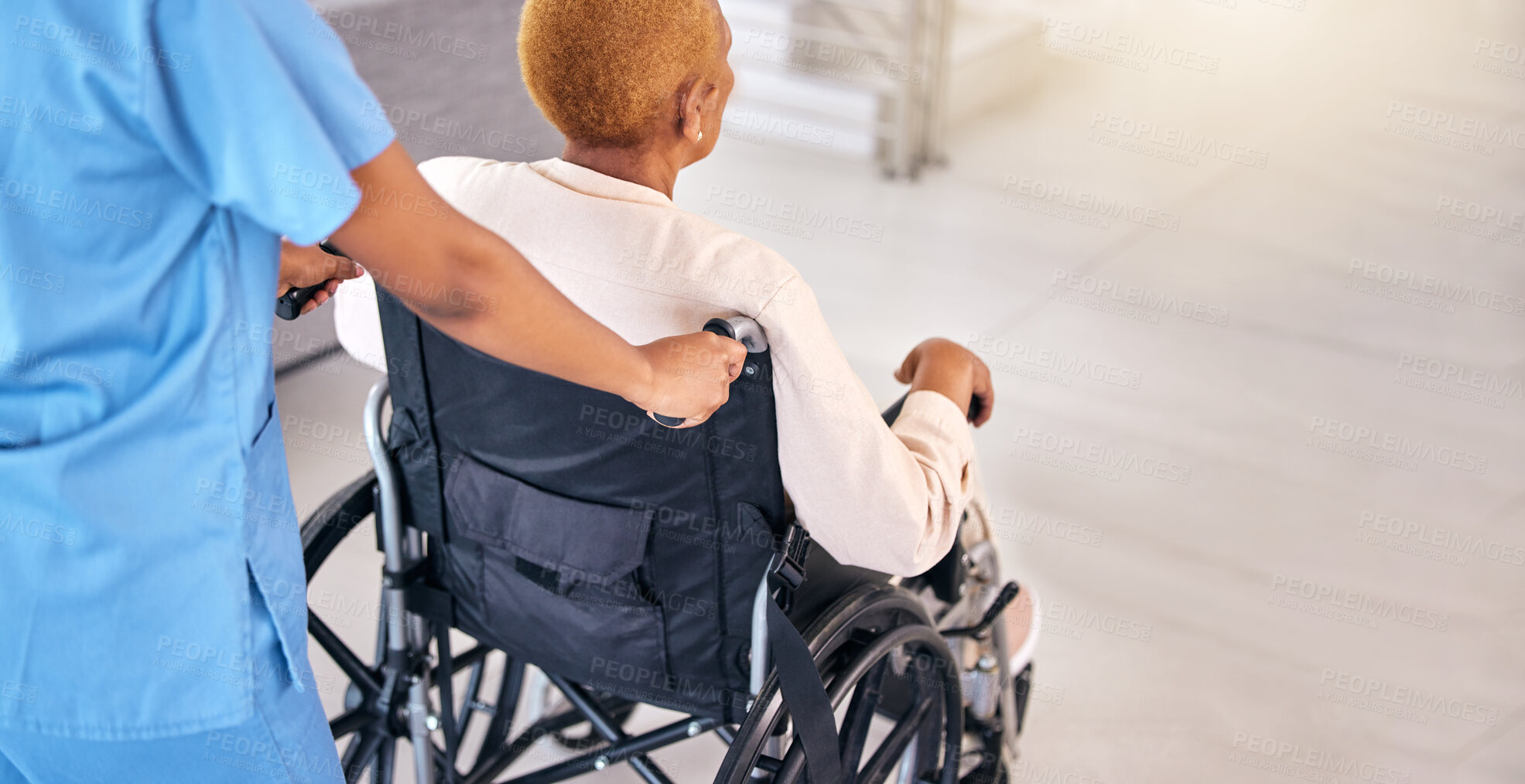 Buy stock photo Nurse, senior woman and back with wheelchair, walk and care for rehabilitation, healthcare and wellness. Caregiver, nursing home and elderly person with disability, recovery or kindness in retirement