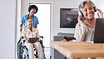 Tablet, wheelchair and assisted living caregiver with a patient in her retirement home for care. Technology, healthcare and black woman nurse helping a senior with a disability for medical support