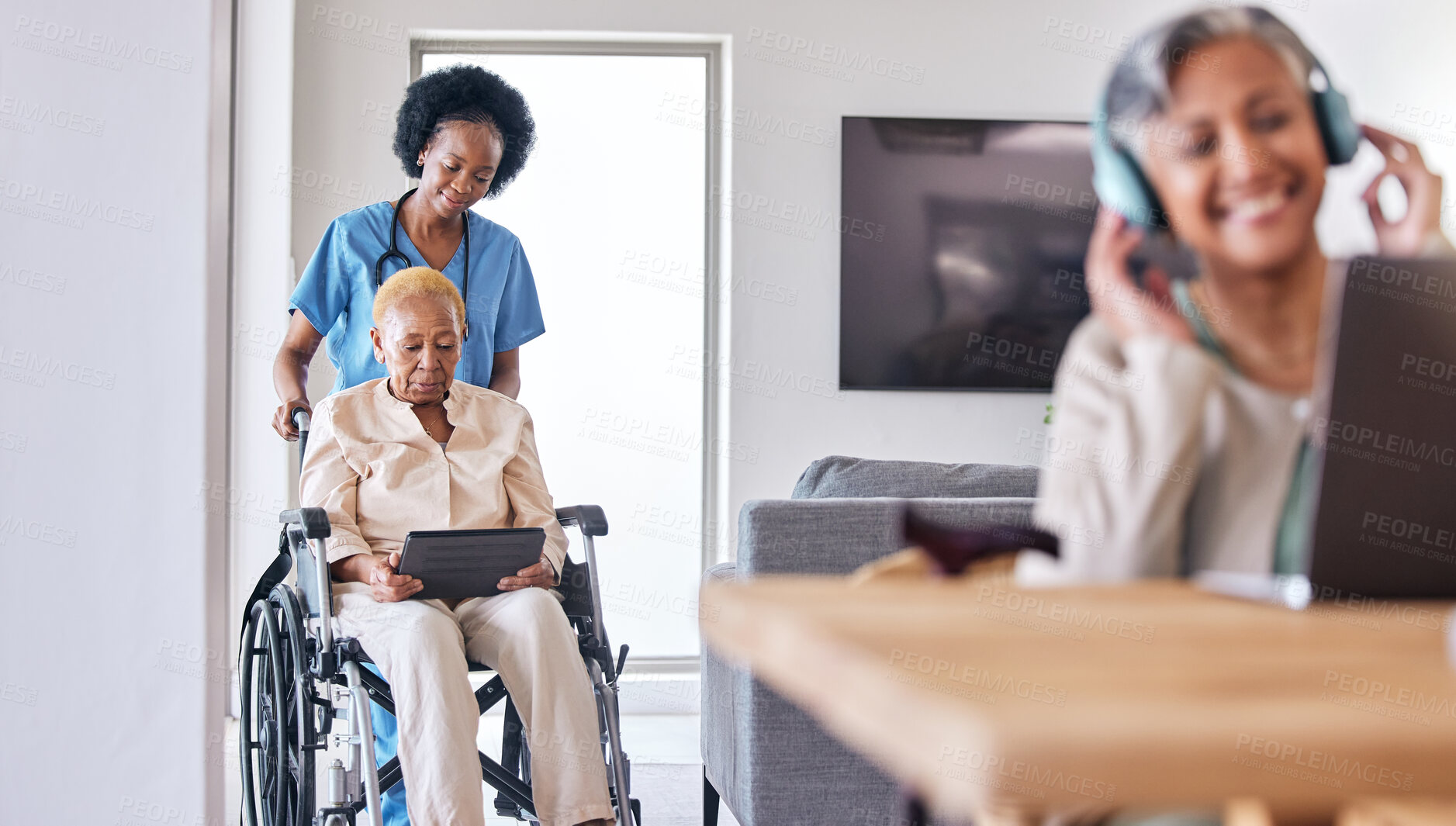 Buy stock photo Tablet, wheelchair and assisted living caregiver with a patient in her retirement home for care. Technology, healthcare and black woman nurse helping a senior with a disability for medical support