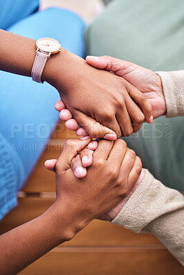 Buy stock photo People, hand and holding for assistance in closeup with support, mobility or kindness in nursing home. Diverse group, person and care for patient at appointment with hospital, illness or diagnosis