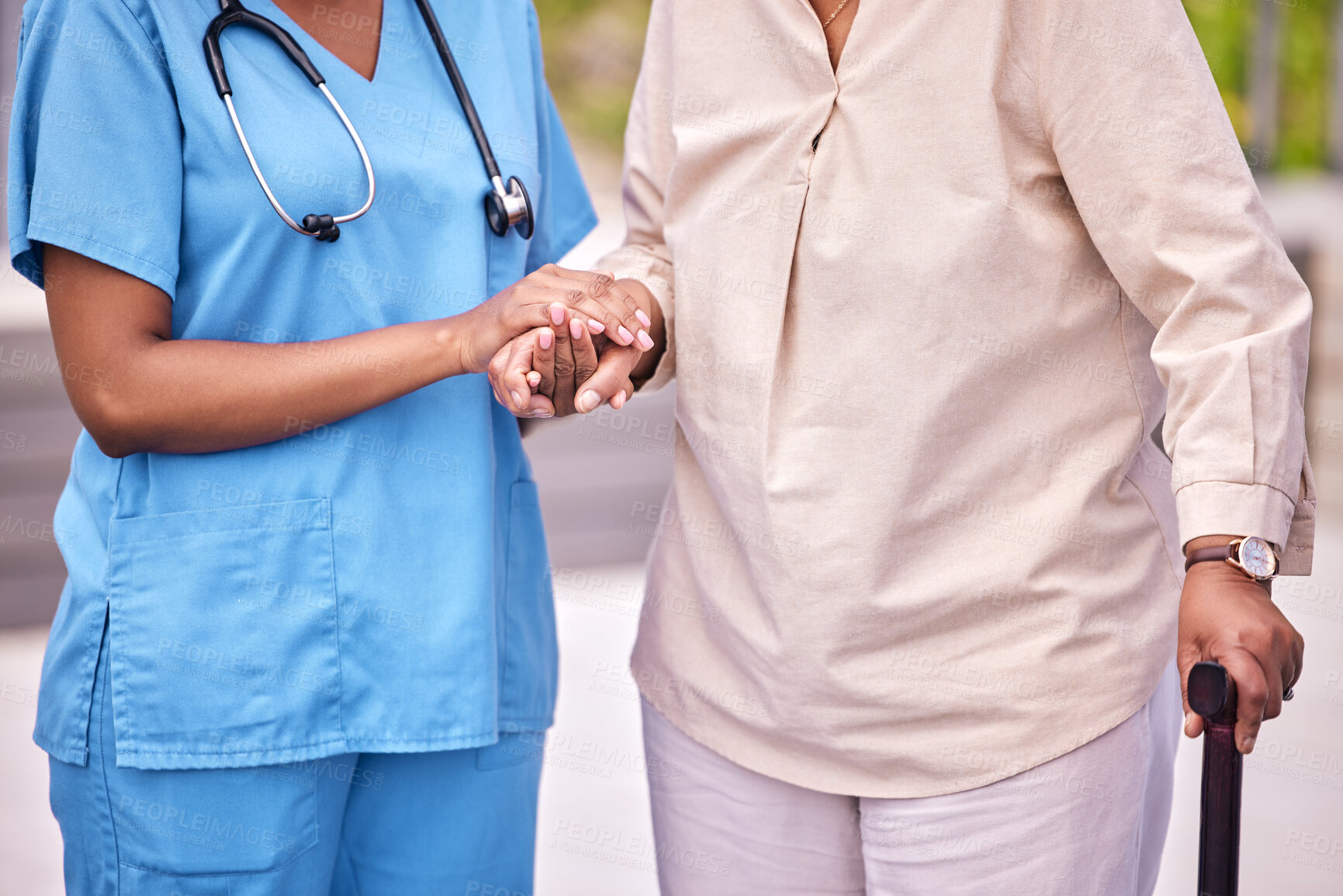 Buy stock photo People, hand and holding of elderly for assistance with mobility, support or health with walking. Diverse, women or person with caregiver in hospital, clinic or nursing home in retirement for checkup