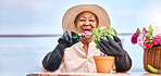 Gardening, senior and woman prune plant with happiness outdoor in nature for spring, flowers and growth. Smile, black person and leaves in backyard of home for vegetable care or agriculture for food