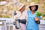 Old woman, gardening and portrait with nurse outdoor with plant, flowers and happiness in backyard nature. Happy, senior and elderly caretaker with wellness or agriculture greenery in retirement