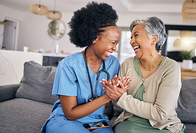 Buy stock photo Smile, funny and assisted living caregiver with an old woman in her home during retirement together. Healthcare, support and a happy nurse or volunteer laughing with a senior patient on the sofa