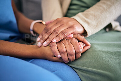 Buy stock photo Hands, empathy and helping with life crisis, caregiver with patient for support and grief counseling. People sitting together, healthcare and wellness with advice, kindness and respect with trust