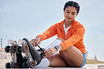 Roller skate, exercise and woman tie shoes outdoor for workout or training with wheels on sidewalk or ground. Fun, sport and start fitness with cardio, rollerskating and safety gear in summer