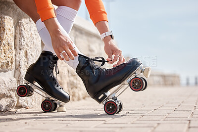 Buy stock photo Tie, shoes and hands of woman with roller skates outdoor for exercise, workout or training with wheels on sidewalk. Fun, sport and person start fitness with rollerskating and cardio in summer