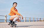 Portrait, promenade and woman skating, summer and happiness with hobby, relax and vacation. Person, girl or skater outdoor, trendy activity or fitness with wellness, mockup space and holiday with fun