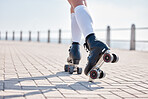 Person, roller skate and exercise in closeup for summer, alone or back view with skill, balance and sport. Model, caucasian and boardwalk for fitness, activity or wellness in race, cardio or health